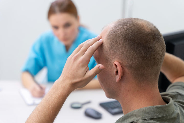 a man suffering from hair loss is consulting a doctor